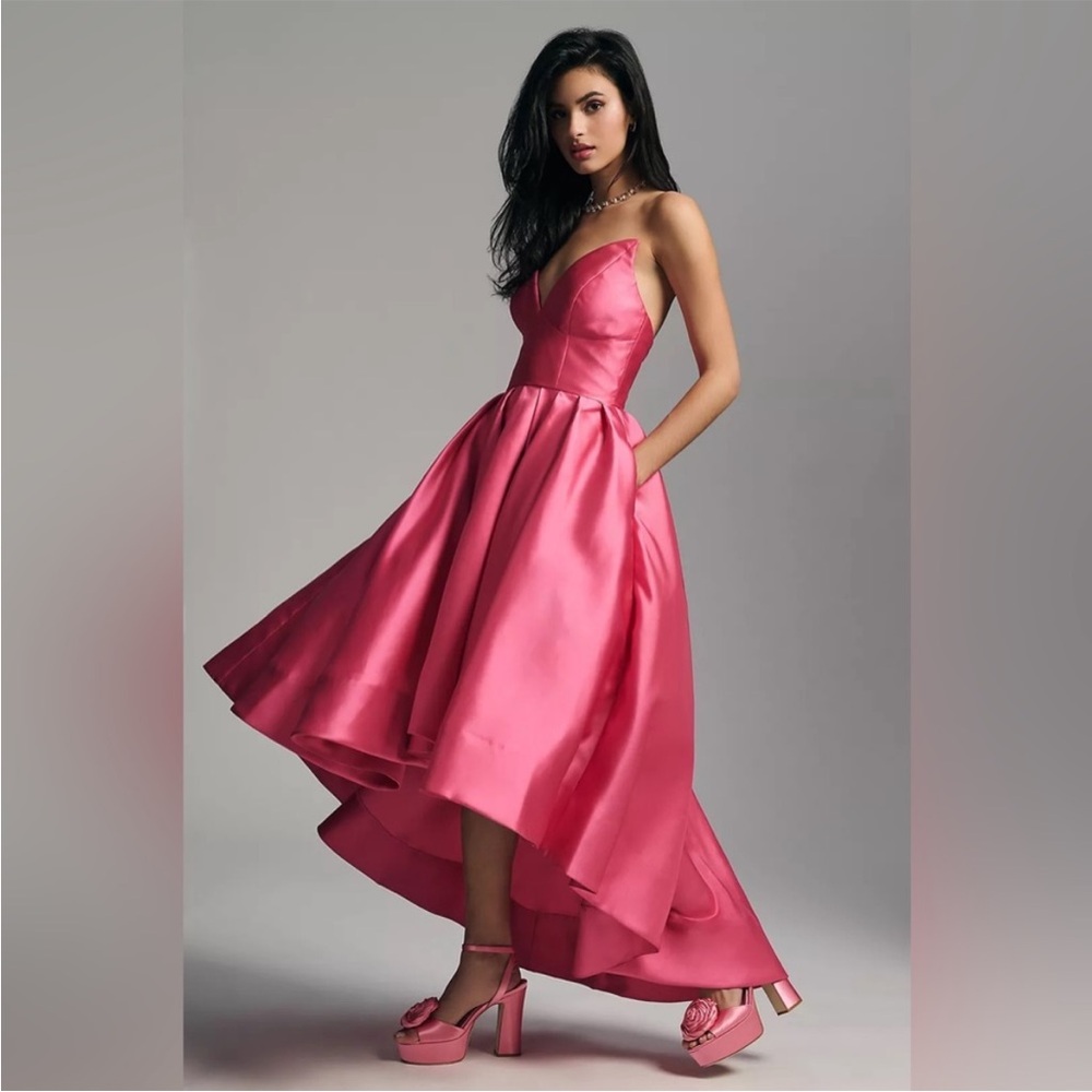 Hutch Sabrina Strapless V-Neck Pleated High-Low Gown